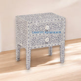 Bone Inlay Floral Design 2 Drawers Bedside Table Long Leg Grey